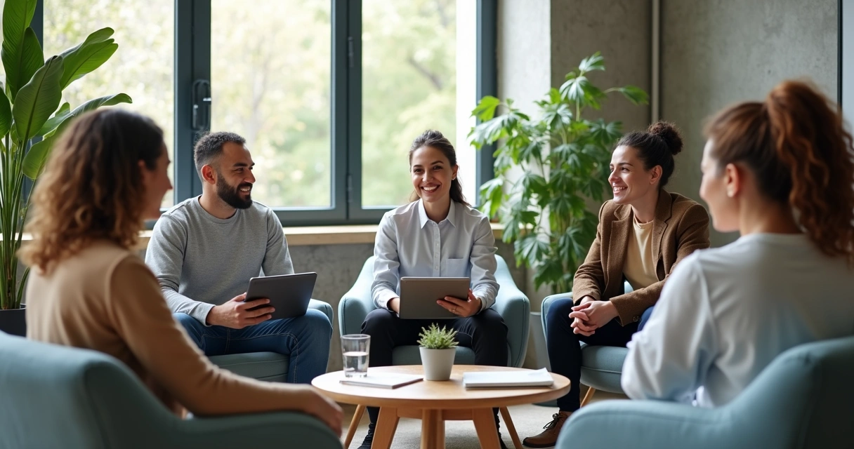 Equipe em reunião informal em escritório acolhedor simbolizando ambiente psicologicamente seguro 
