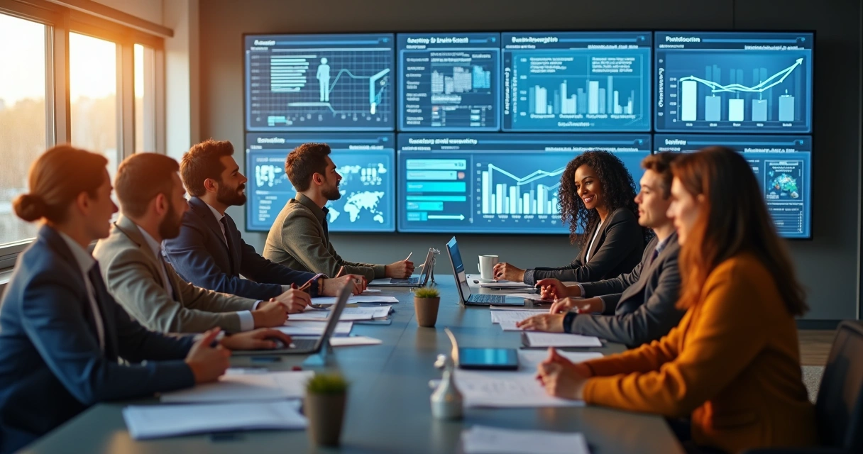 Equipe reunida analisando dados em telas de BI 