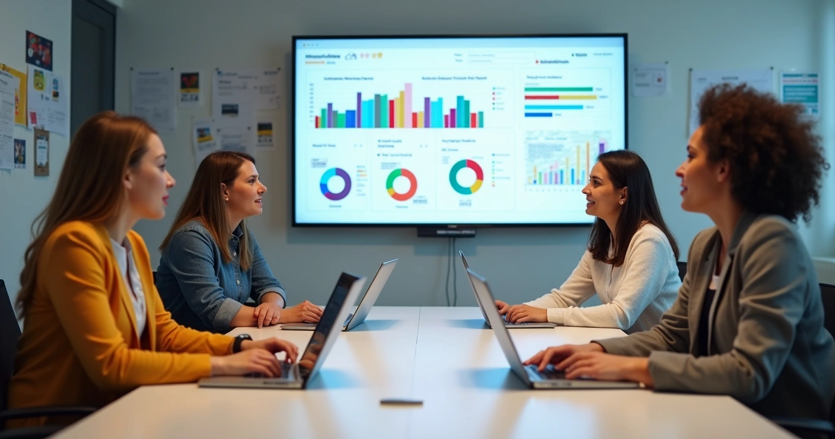 Equipe escolar em reunião analisando gráficos de desempenho 