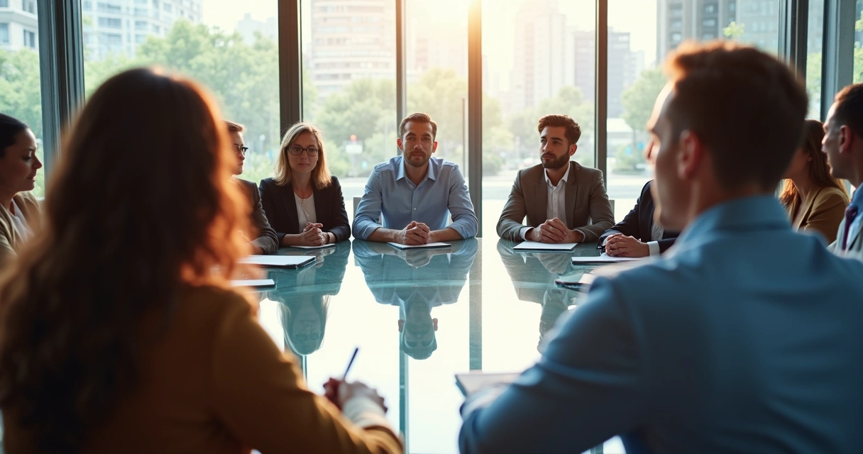 Equipe sentada em círculo, escutando atenta em sala de reuniões clara e bem iluminada 