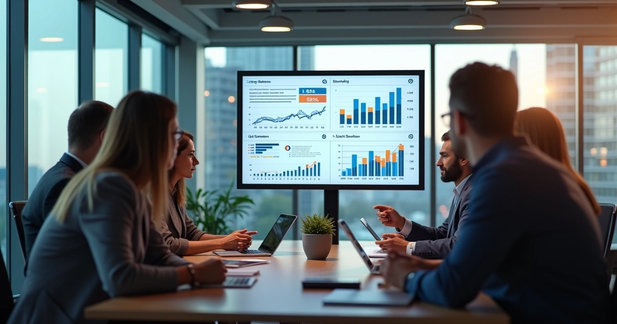 Equipe comercial discutindo análise de dados em uma reunião no escritório. 