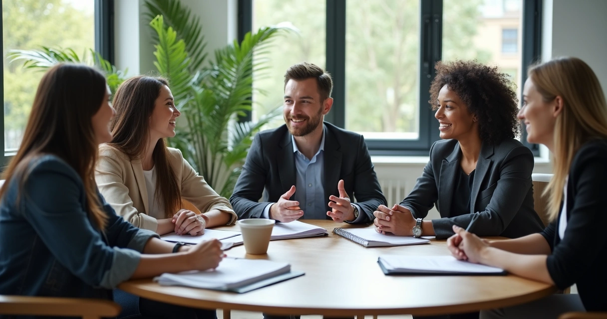 Equipe de trabalho reunida em mesa redonda, pessoas conversando e sorrindo 