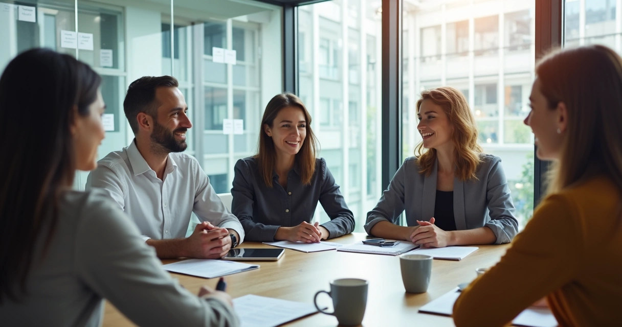 Equipe em reunião discutindo práticas de autogestão