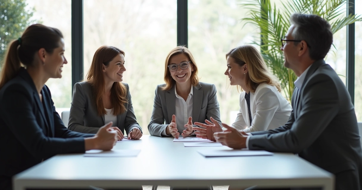 Equipe sentada ao redor de mesa em reunião, clima sereno e de escuta