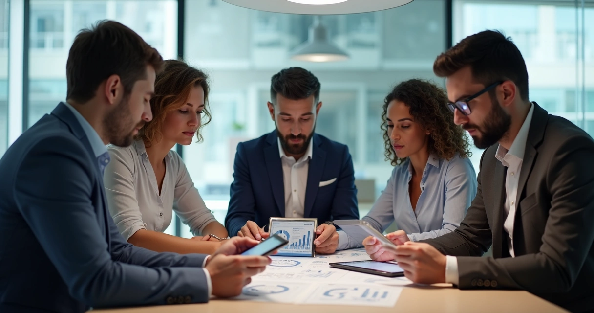 Equipe comercial em reunião discutindo estratégias B2B com gráficos e tablets 