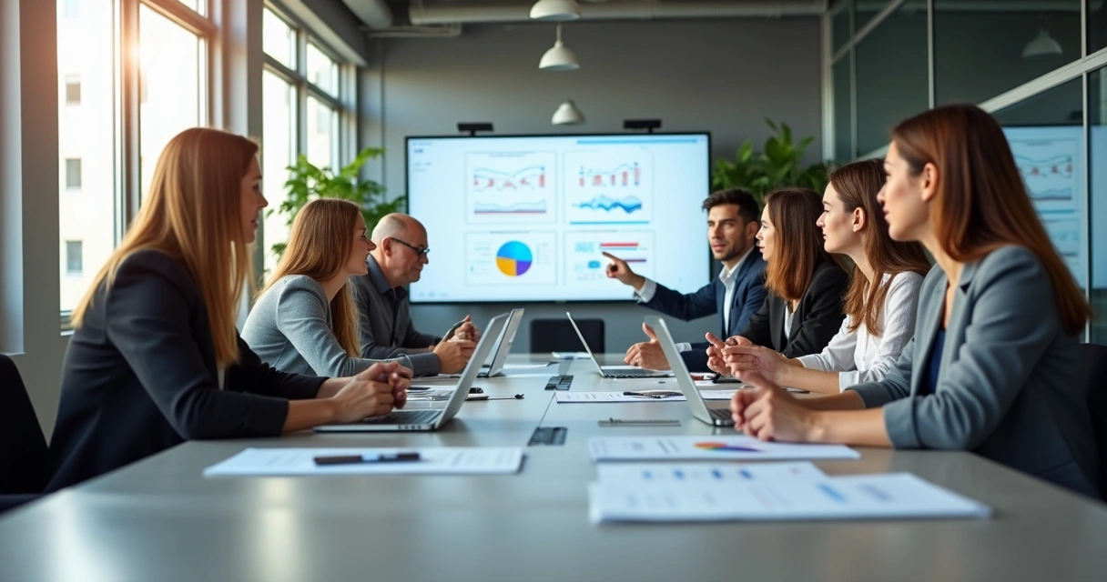 Equipe reunida em sala moderna discutindo vendas B2B 