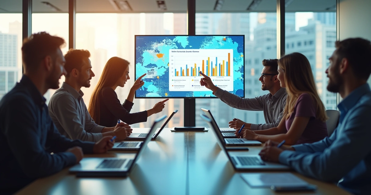 Reunião de equipe de vendas B2B analisando dados em uma sala de reuniões 