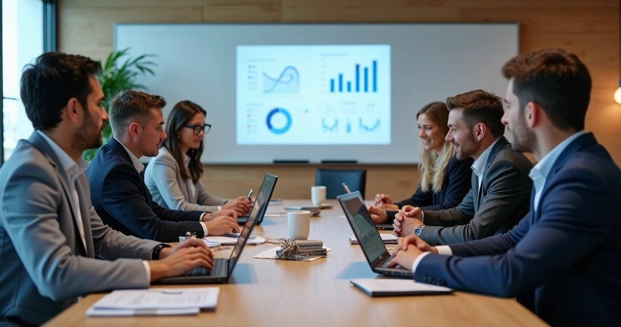 Equipe de marketing e vendas em reunião avaliando gráficos e redes sociais em laptops e tablets