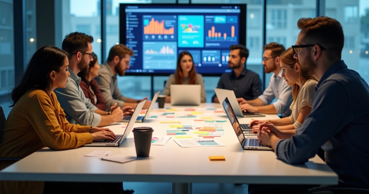 Equipe reunida ao redor de uma mesa em reunião de brainstorm 