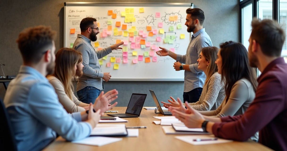Equipe reunida fazendo brainstorm, quadro de ideias ao fundo. 