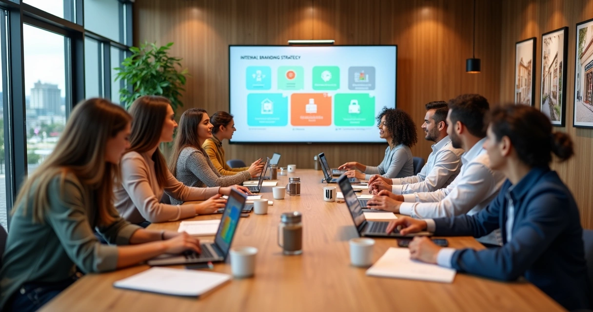 Equipe de hotelaria em reunião colaborativa sobre branding interno 