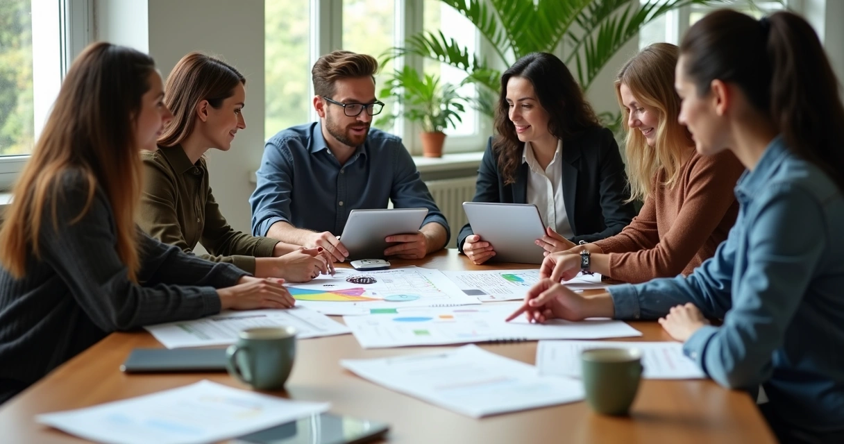 Equipe reunida em torno de uma mesa discutindo anotações do briefing 