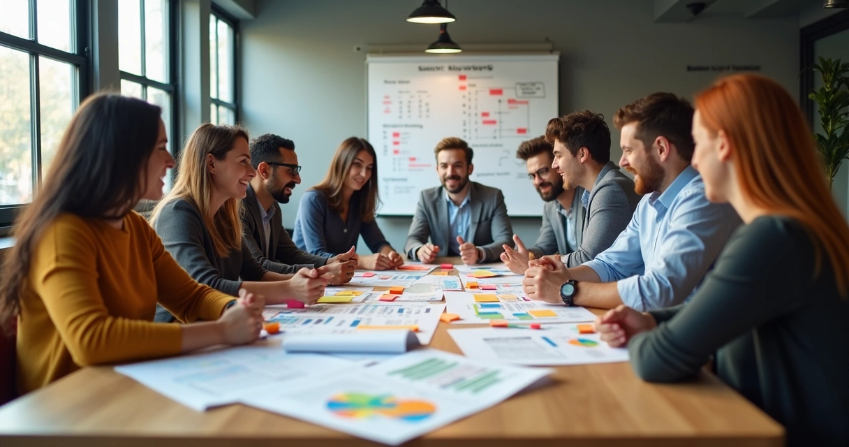 Equipe reunida em torno de mesa revisando briefing de projeto 