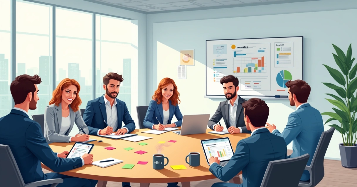 Equipe reunida discutindo inovação em sala moderna 