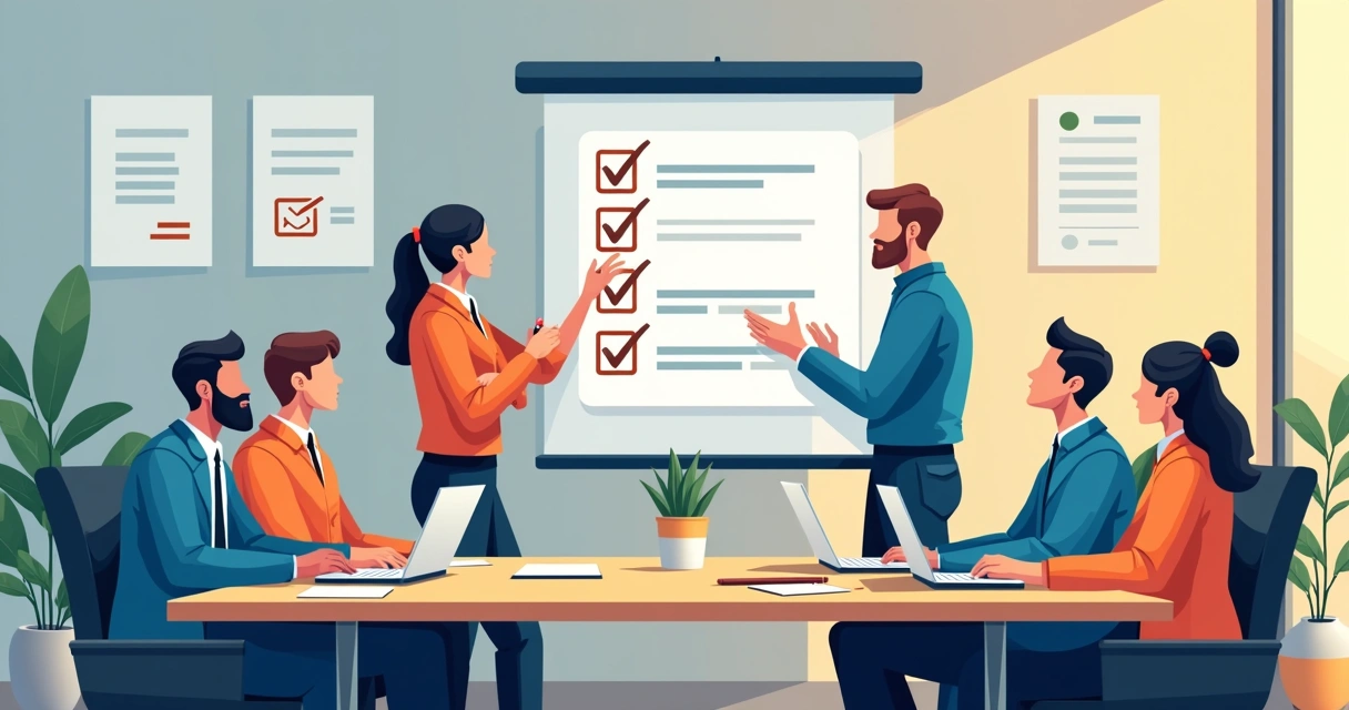Equipe de assistência técnica reunida em volta de mesa debatendo checklist 