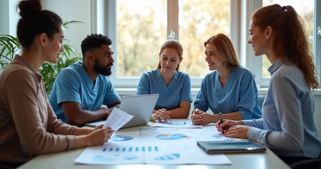 Equipe reunida ao redor de uma mesa analisando relatório de agendamentos 