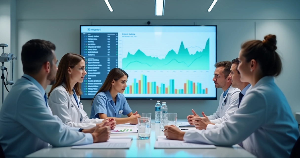 Equipe médica reunida analisando gráficos financeiros em uma clínica 
