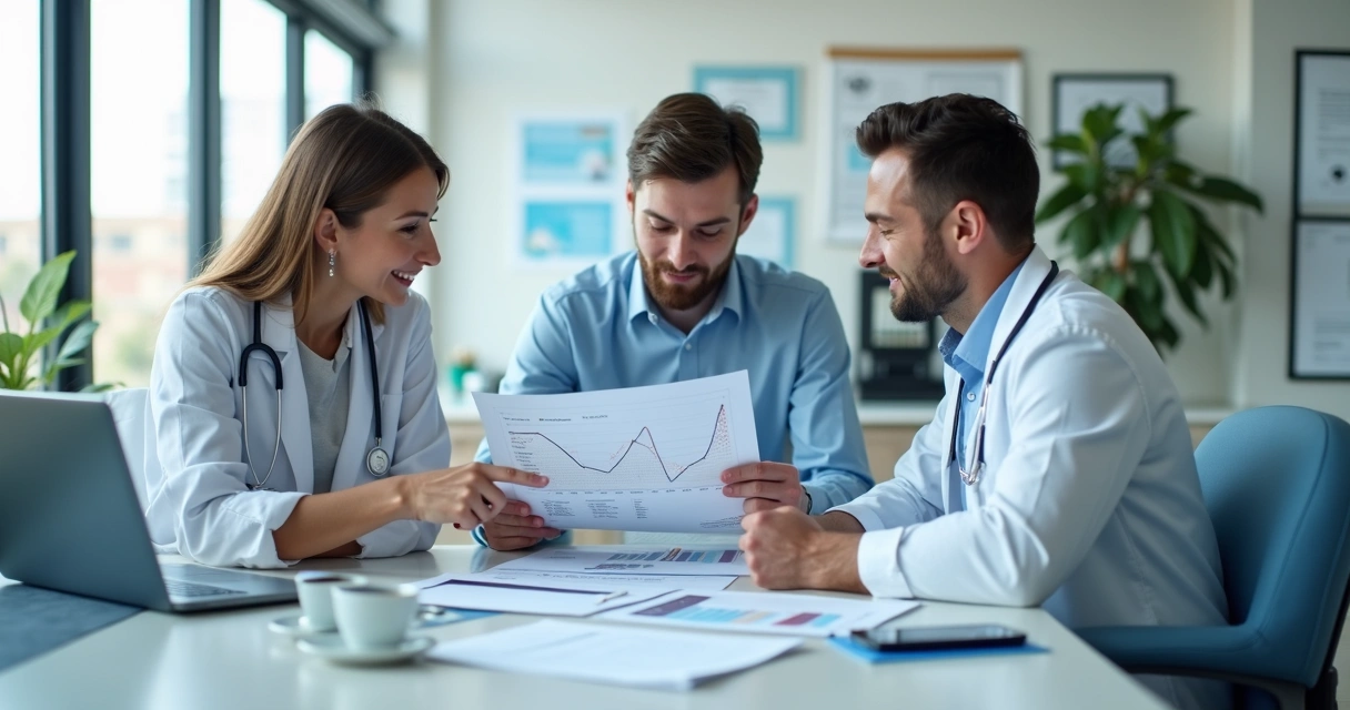 Equipe da clínica revisando dados de atendimento