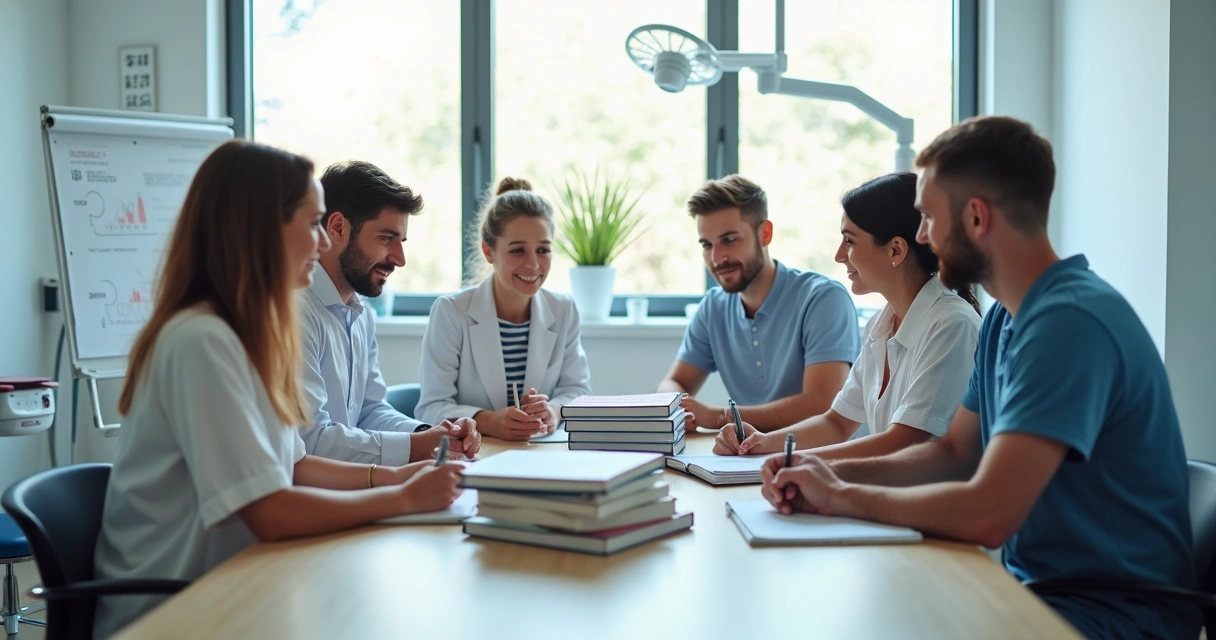 Equipe de clínica reunida debatendo livros de gestão