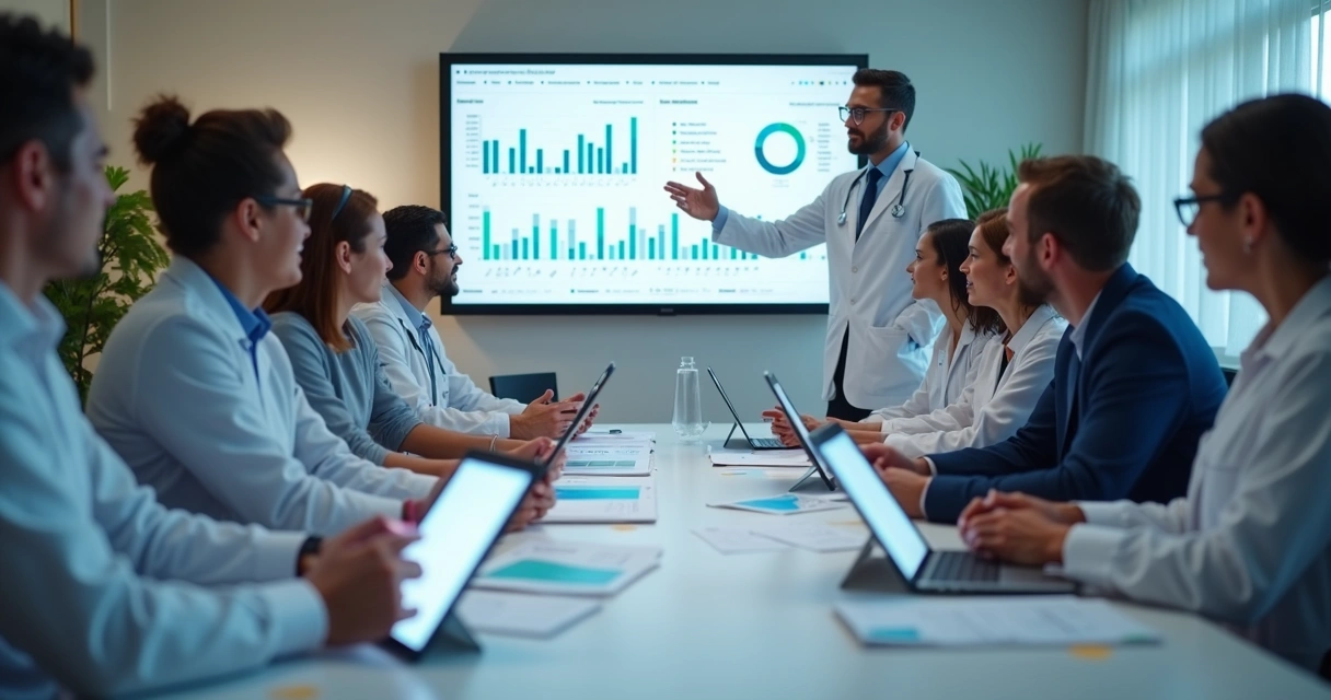 Equipe de clínica em reunião discutindo resultados 