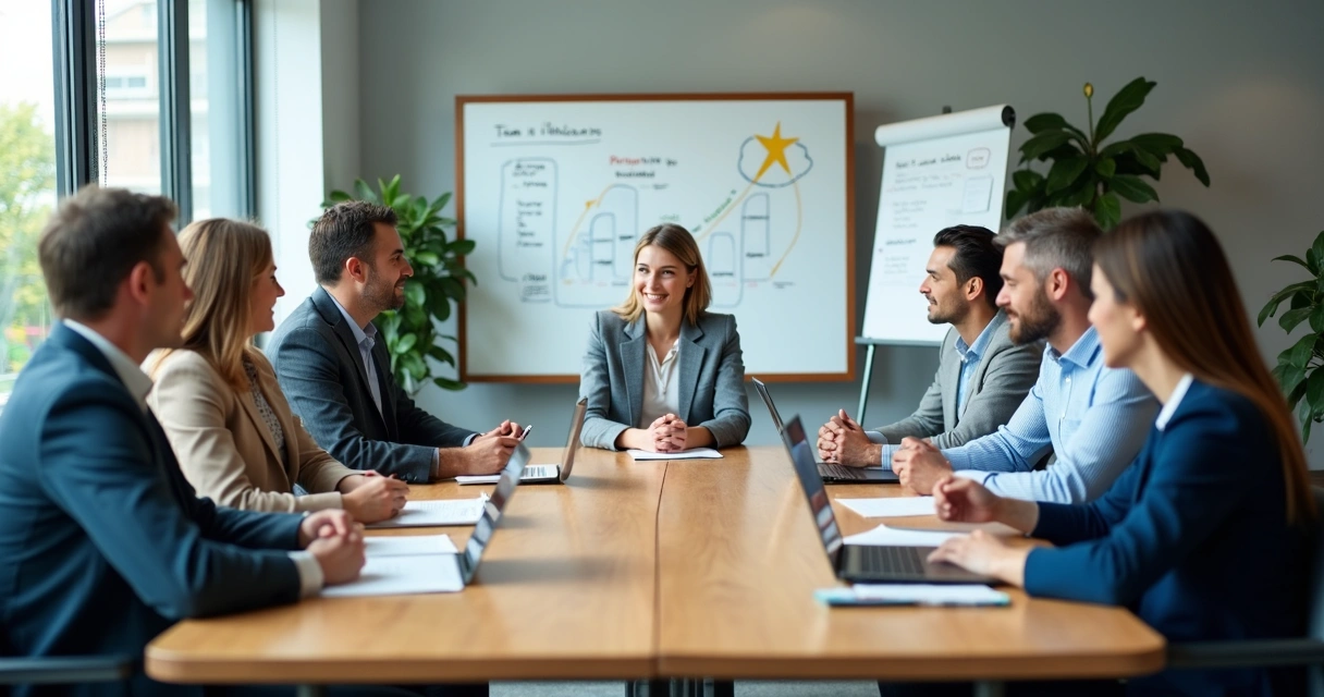 Equipe em reunião trocando ideias em mesa de trabalho