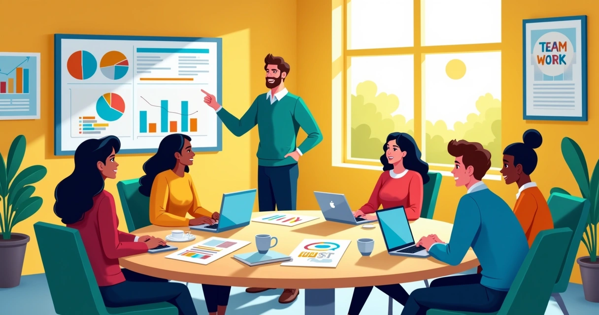 Reunião animada de equipe em um escritório iluminado, com funcionários colaborando em volta de uma mesa redonda.