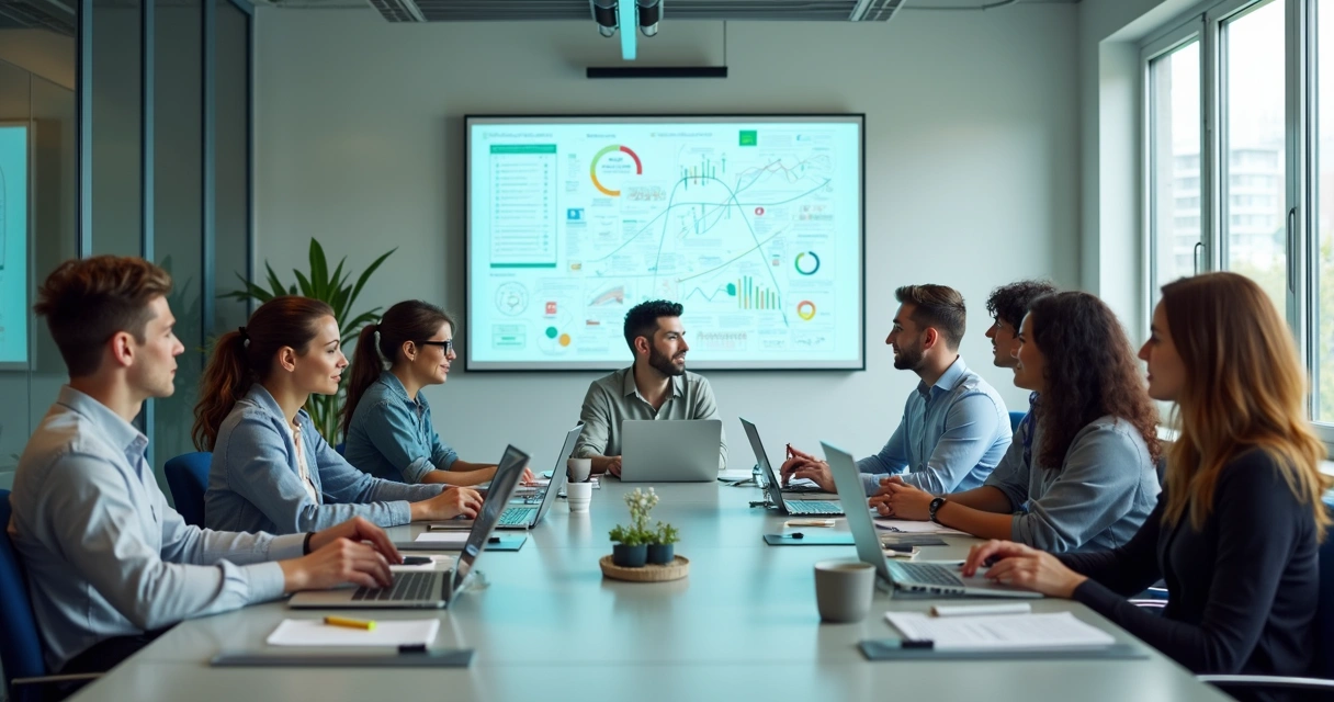 Equipe em reunião com quadro colaborativo e laptops 