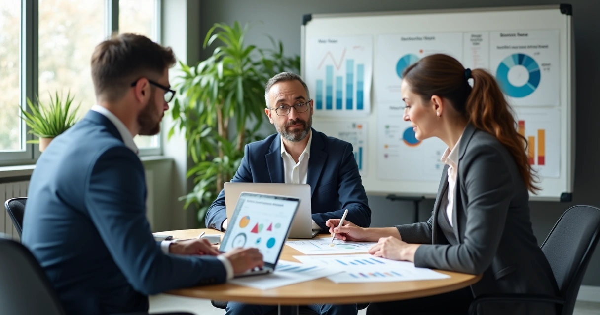 Equipe comercial em reunião analisando resultados de prospecção B2B 