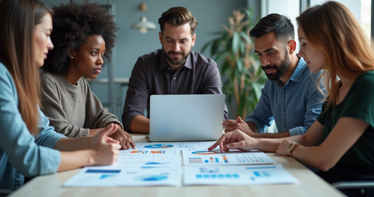 Equipe comercial discutindo dados de vendas em reunião 