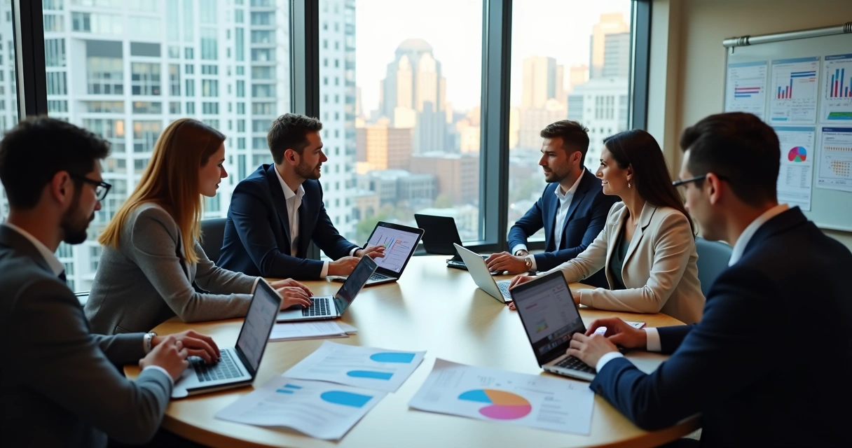 Equipe de vendas analisando leads e presenças digitais em reunião 