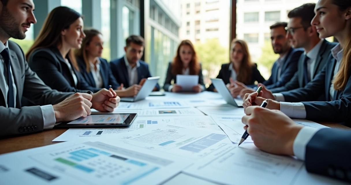 Equipe de compliance em reunião avaliando documentos e formulários sobre a mesa.