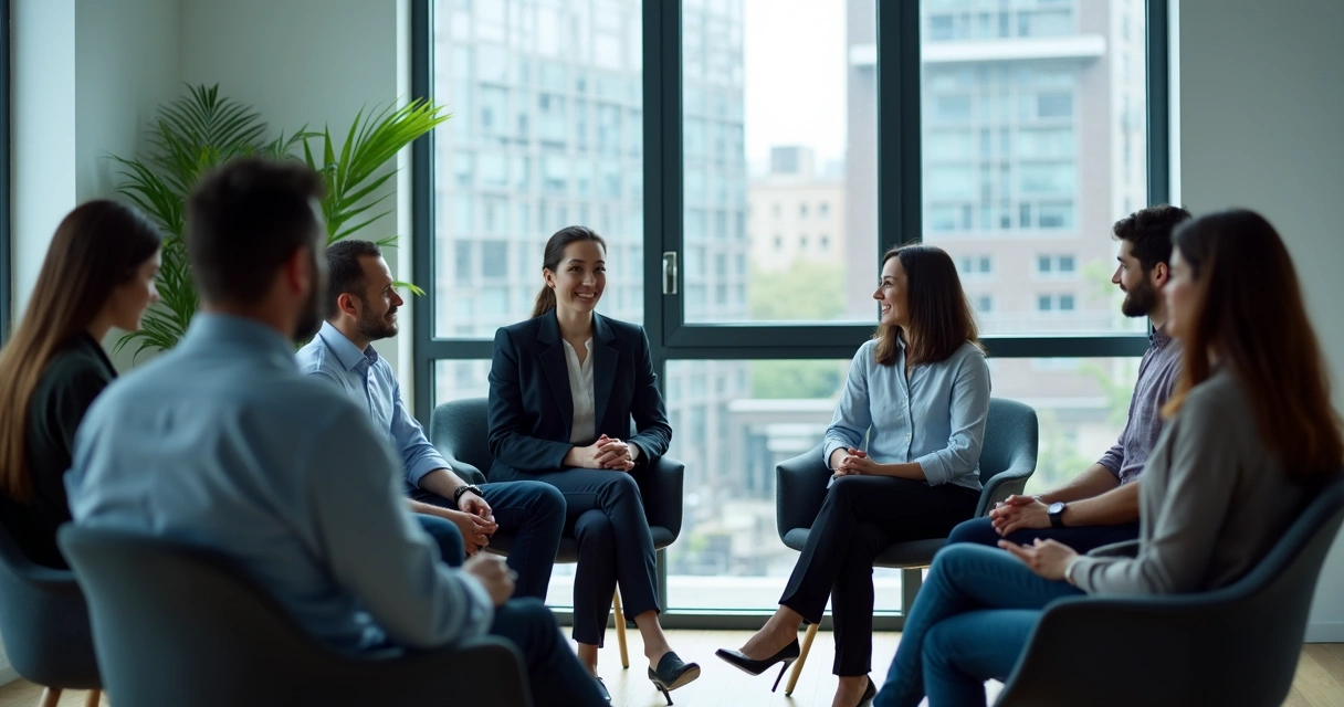 Grupo de líderes sentados em círculo em reunião, trocando ideias de forma aberta.