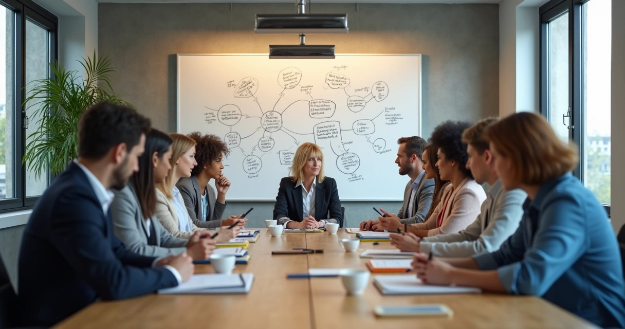 Equipe reunida em conversa colaborativa com anotações visuais em quadro branco 