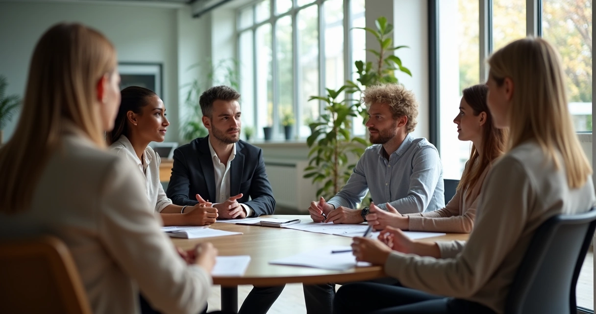 Colaboradores de uma equipe sentados em círculo, compartilhando ideias durante uma reunião 