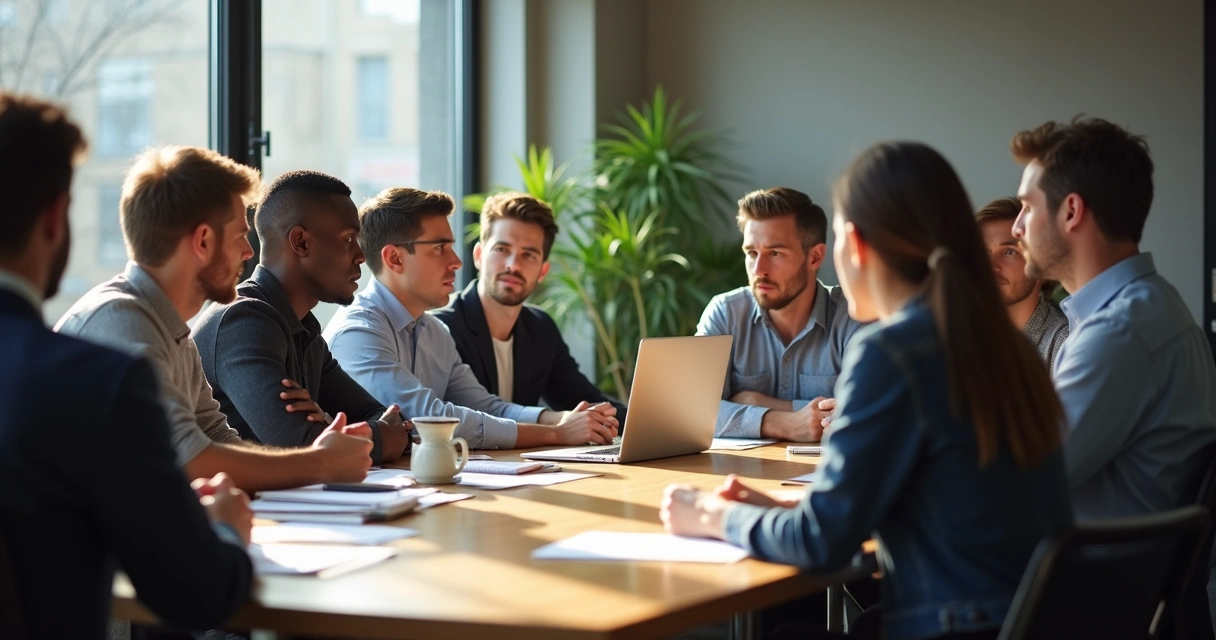 Equipe reunida ao redor de uma mesa, com dois colegas discutindo e outros observando atentos. 