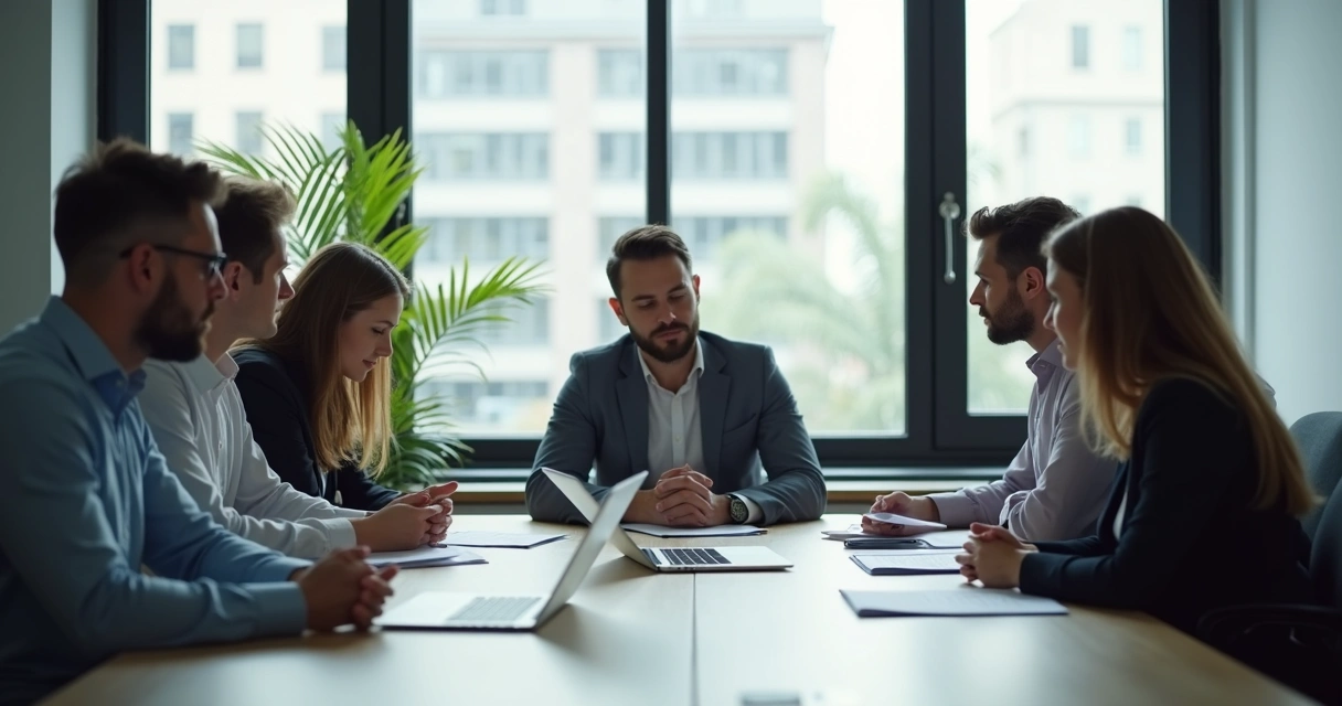 Equipe em reunião com expressão de conflito oculto e tensão no ambiente 
