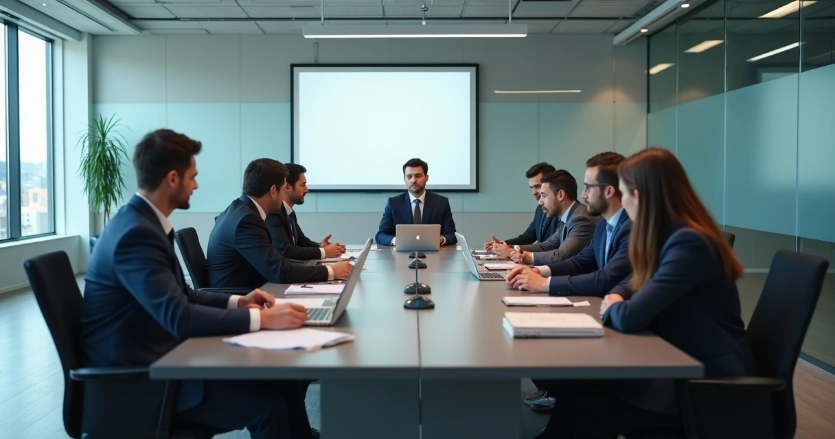 Equipe em reunião tensa com divisões visíveis entre pessoas