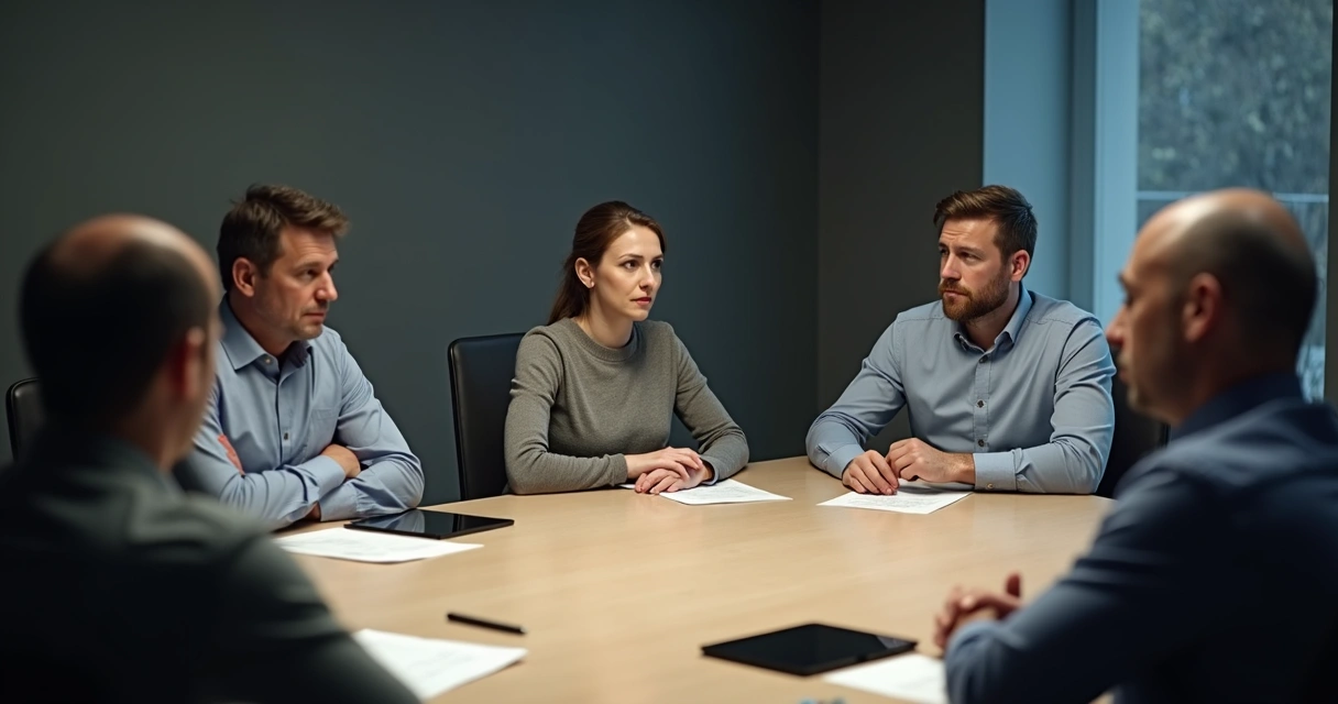 Equipe em reunião com expressões de tensão e distanciamento 