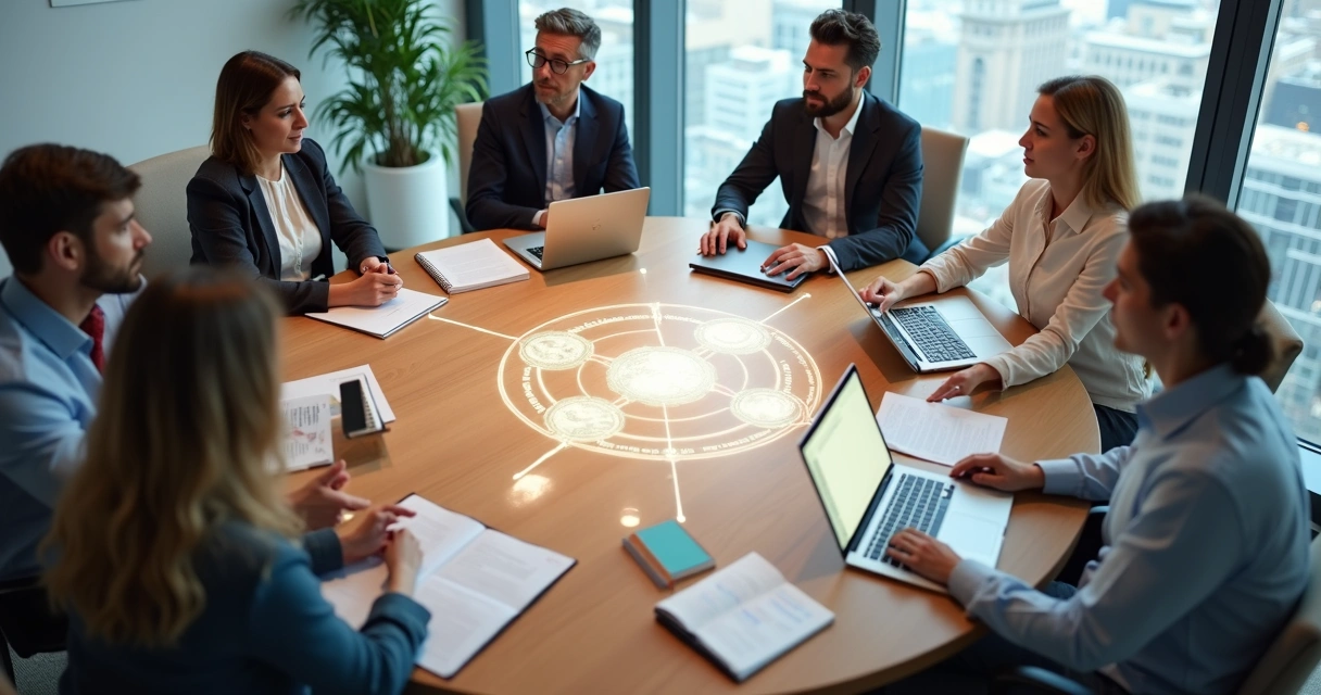 Equipe diversa em reunião em torno de mesa redonda vista de cima 