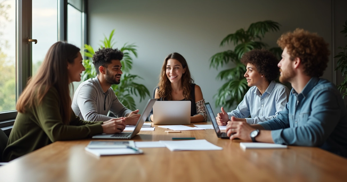 Equipe reunida ao redor de uma mesa de trabalho em ambiente clean, demonstrando colaboração e consciência em ação.