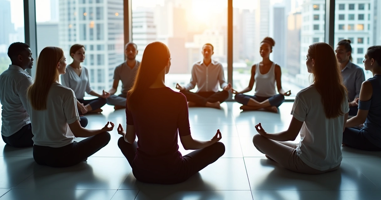 Equipe de trabalho em círculo realizando breve pausa com olhos fechados. 