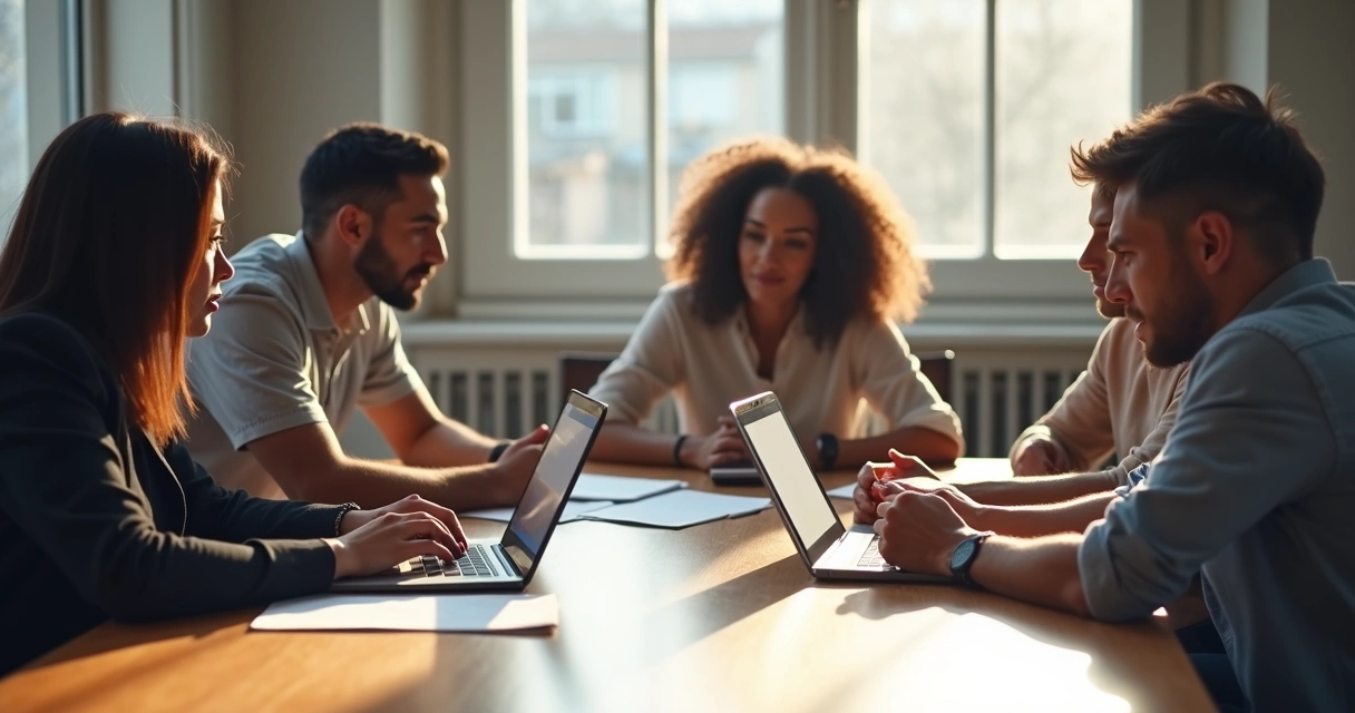 Equipe reunida ao redor de uma mesa, colaborando de forma atenta e equilibrada