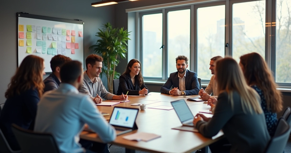 Equipe numerosa sentada em círculo, discutindo proposta em reunião, expressão focada e ambiente colaborativo.