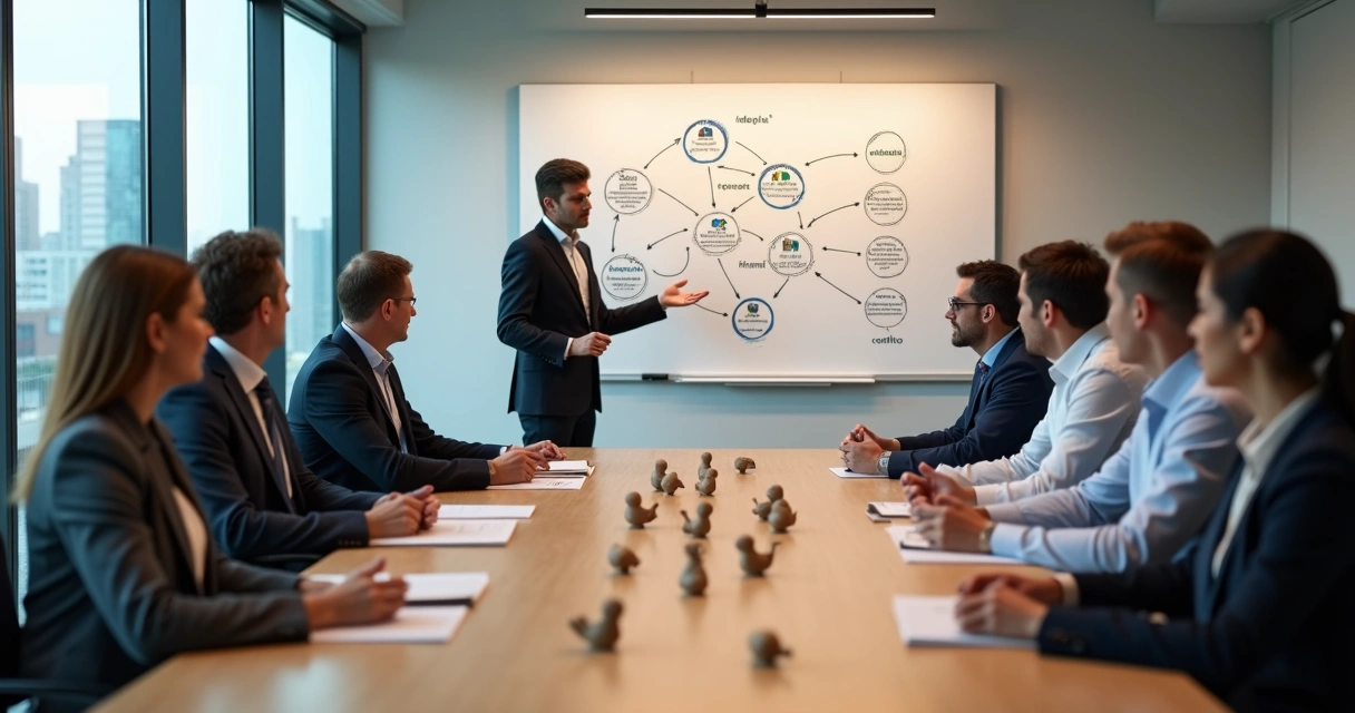 Equipe em reunião observando desenho de constelação sistêmica em quadro branco 