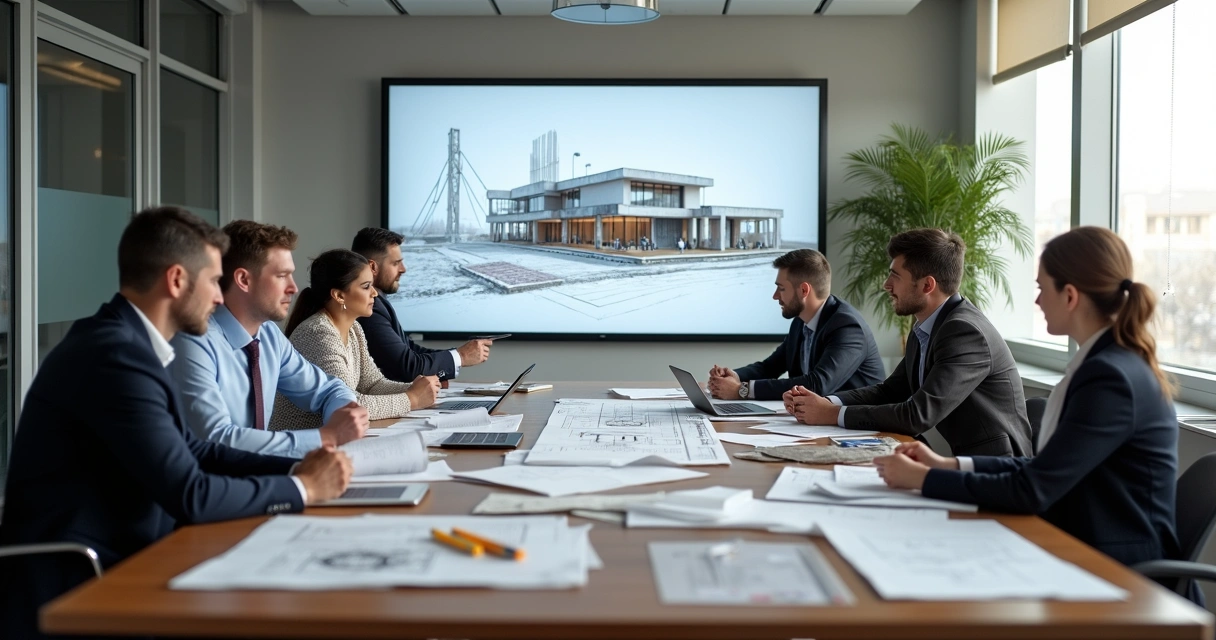Equipe discutindo projeto de construção civil ao redor de uma mesa com papéis e tablets 