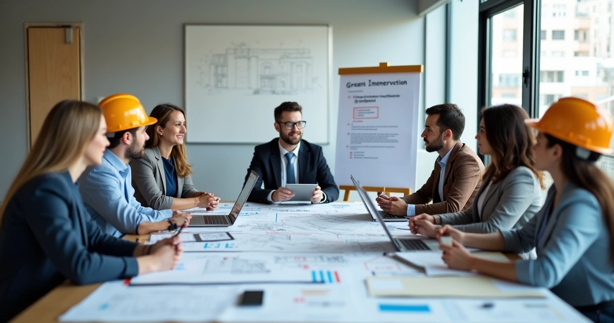 Equipe de construção civil em reunião discutindo procedimentos pós-obra 