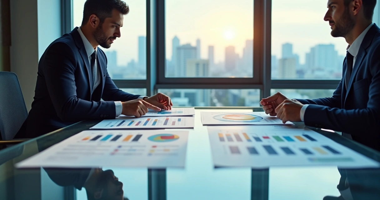 Reunião de consultores financeiros analisando gráficos em mesa de escritório 