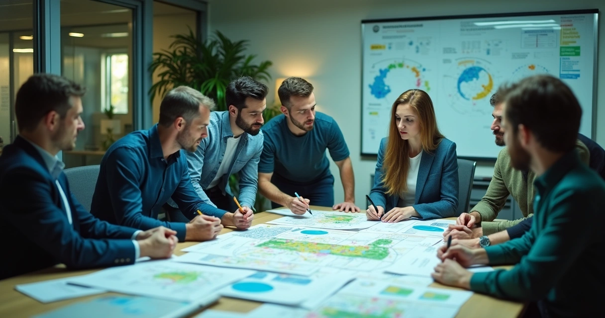 Equipe de consultoria ambiental revisando relatório juntos 