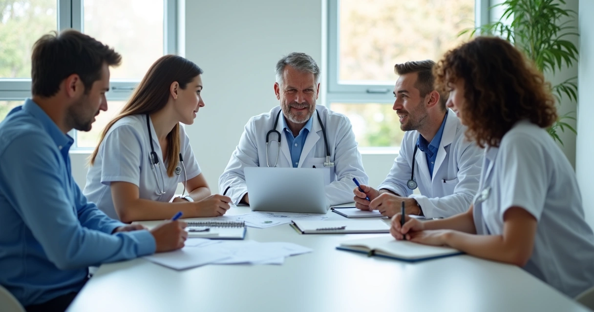 Equipe de consultório reunida em mesa discutindo processos