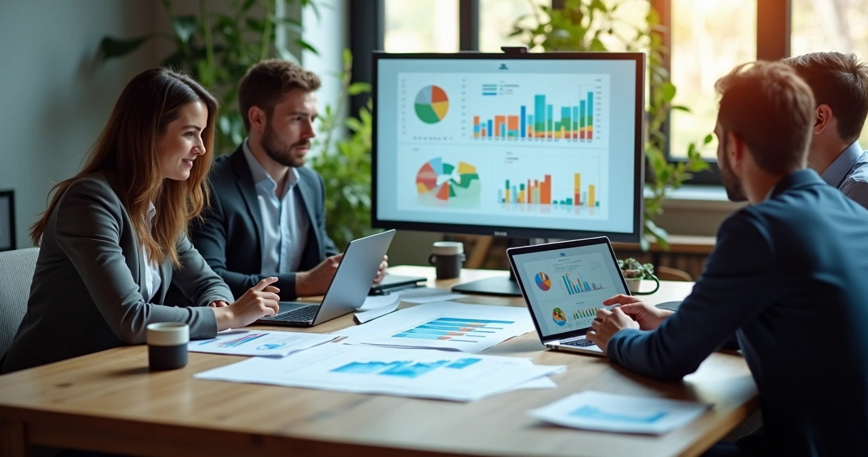 Equipe de contabilidade em reunião analisando gráficos e resultados 